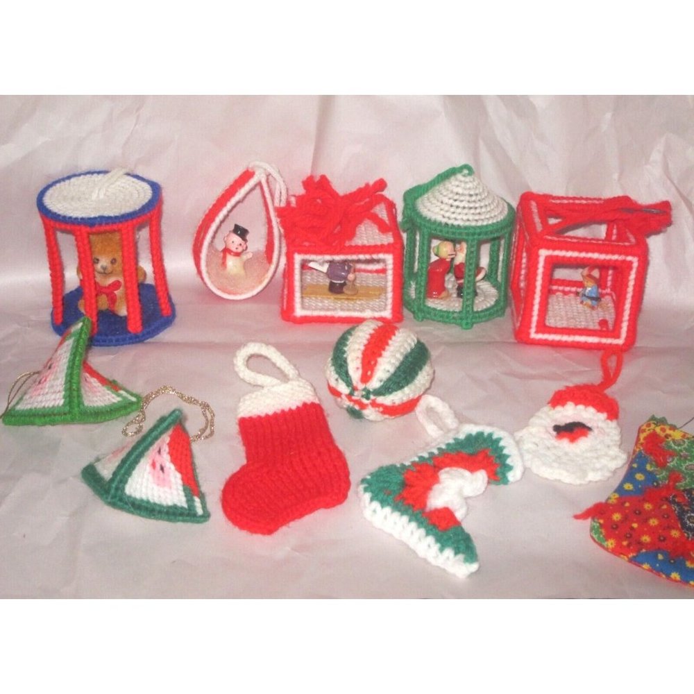 Vintage Hand Made 3D Plastic Canvas Knitted & crochet Christmas Ornament Lot Fun